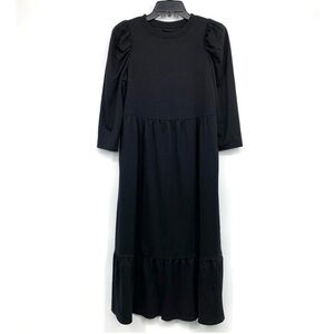Black 3/4 Sleeve Midi Ruffle Shoulder Dress-Size Small